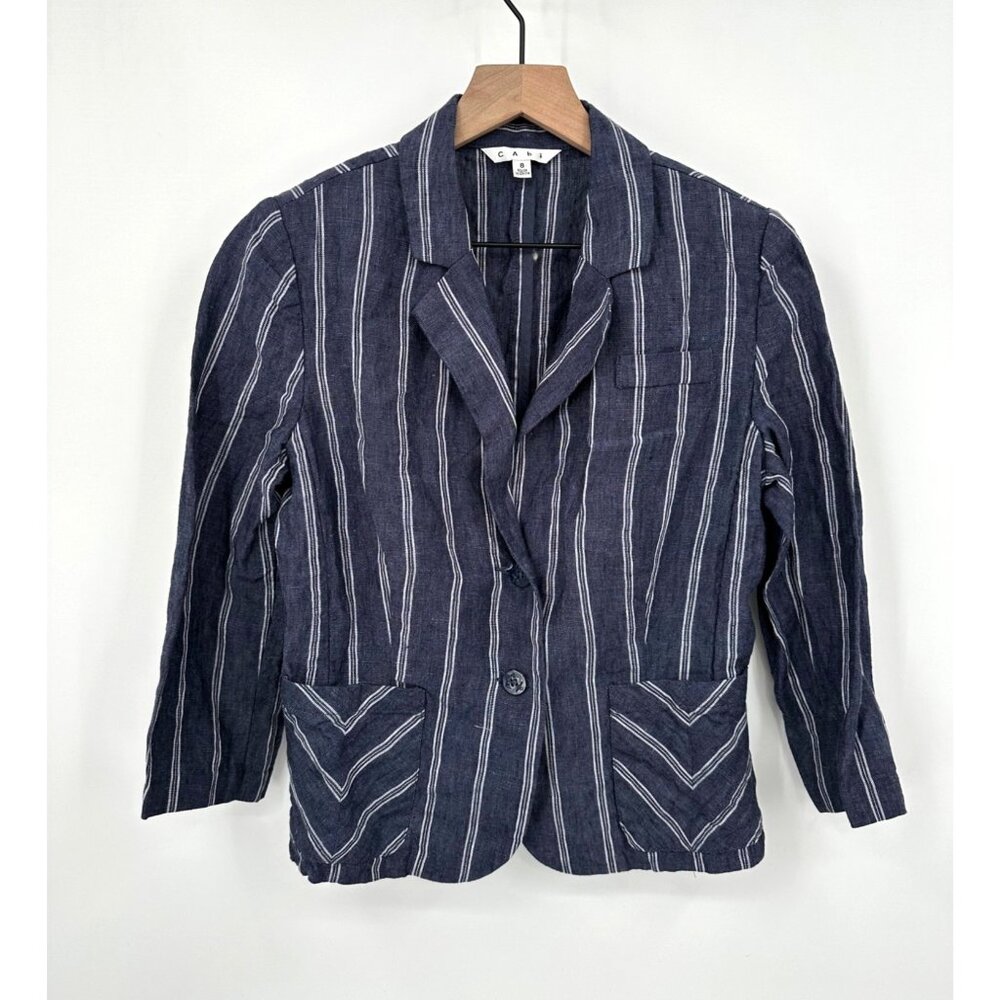 Cabi Navy White Stripe Linen Blazer 8 Women 2 Button 3/4 Sleeve Pockets Nautical